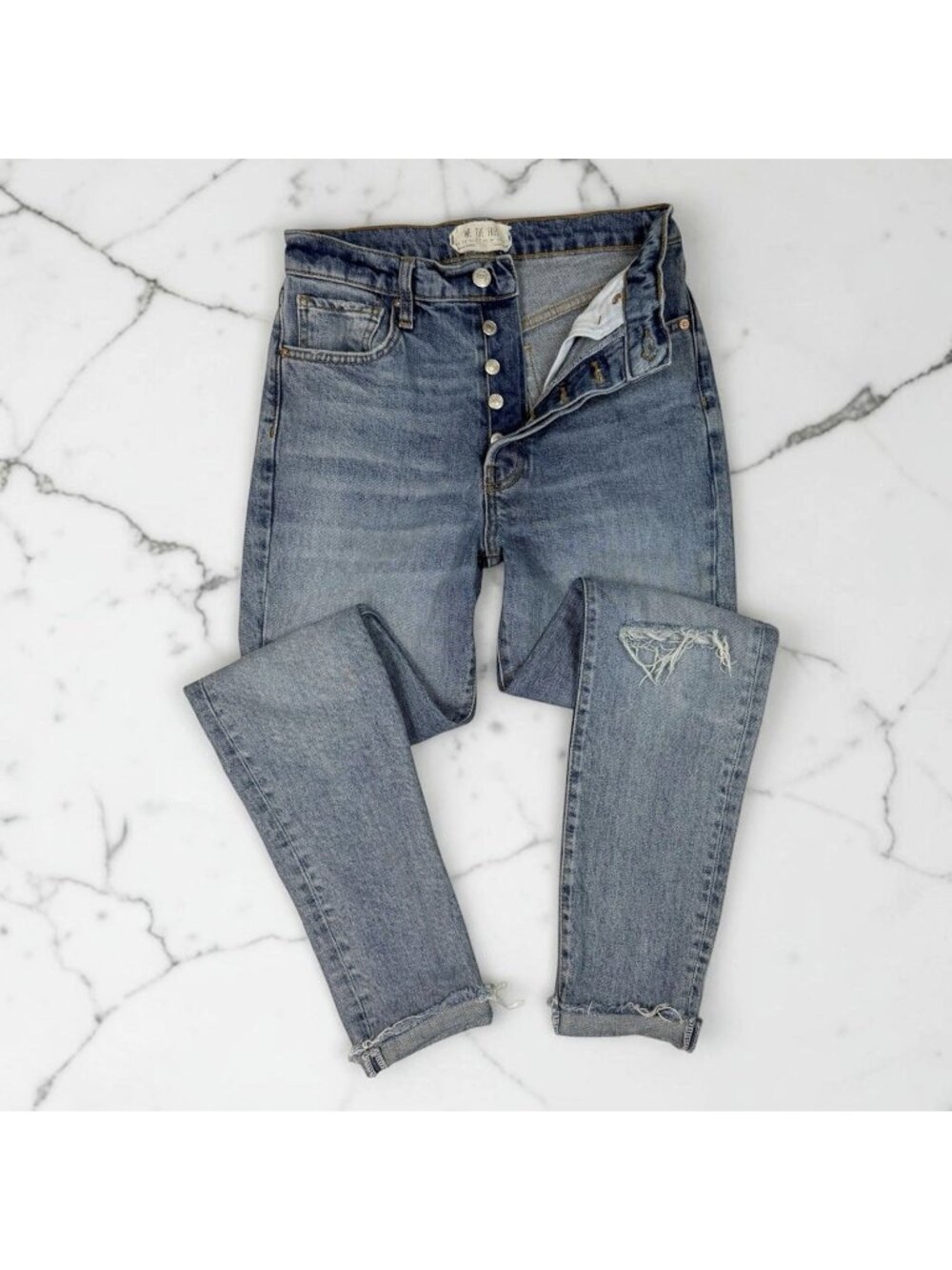 We The Free People Stella Skinny Jeans Size 27 Button Fly Always Blue Wash Rigid